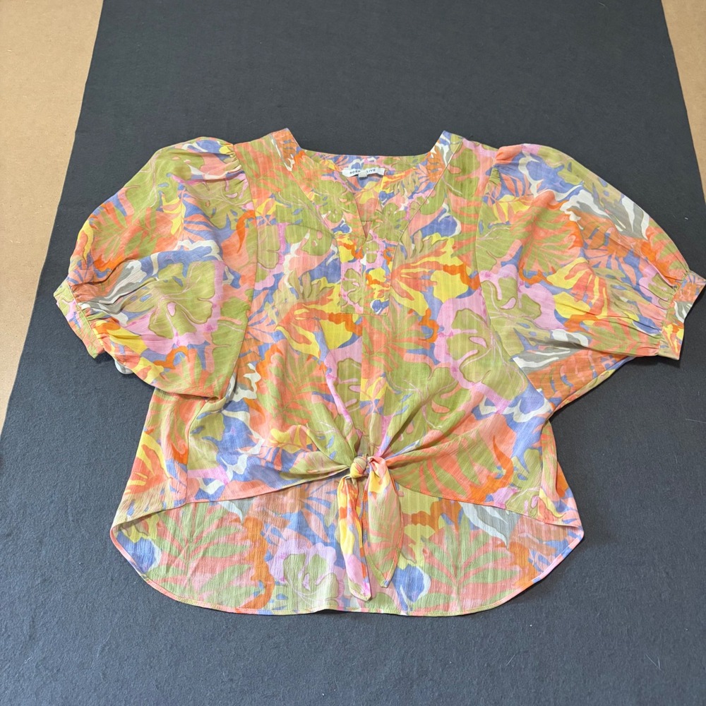Rose + Olive Tropical Tie Front Blouse Women M Multicolor Boho Crop Core Relaxed